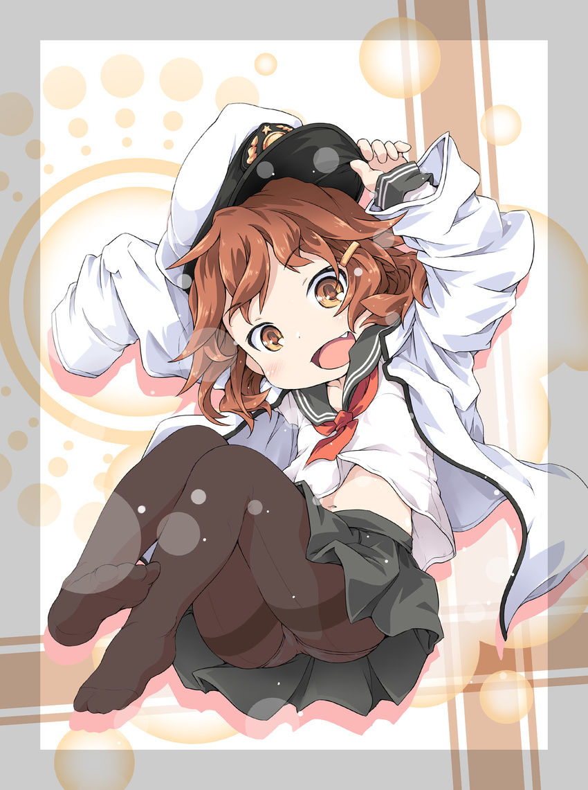 ayuya_naka_no_hito brown_eyes brown_hair fang full_body hair_ornament hairclip hand_on_headwear hat highres ikazuchi_(kantai_collection) jacket kantai_collection looking_at_viewer navel neckerchief open_clothes open_jacket open_mouth panties panties_under_pantyhose pantyhose peaked_cap school_uniform serafuku short_hair skirt sleeves_past_wrists smile solo underwear