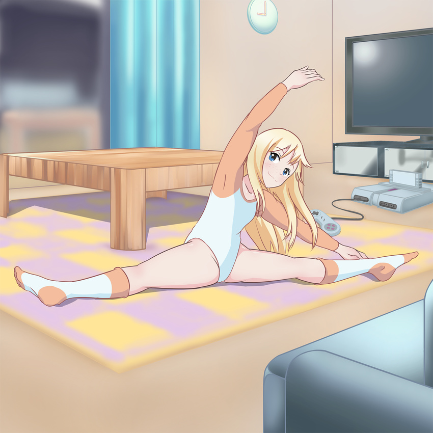 analog_clock arm_up armpits bangs blonde_hair blue_eyes blurry borrowed_character clock controller couch curtains depth_of_field exercise flat_chest flexible freckles full_body game_console game_controller gamepad groin gymnast_leotard highres indoors kneehighs leaning leotard light_smile long_hair long_sleeves looking_at_viewer no_shoes on_floor original outstretched_arm plantar_flexion raglan_sleeves rug sig_(sfried) smile solo split spread_legs stretch super_nintendo table television