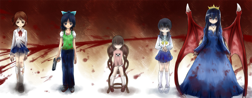 bangs black_eyes black_hair blood bloody_clothes blue_eyes blue_hair brown_eyes brown_hair candle chair closed_eyes collarbone corpse_party d-rev_g demon_wings demonophobia dress gun hair_ornament holding jewelry kisei_joker knife kunikai_sakuri lilia_mistys madotsuki moonlight_labyrinth multiple_girls necklace school_uniform shinozaki_ayumi sidelocks sitting skirt tiara torn_clothes toudou_haruka weapon wings yume_nikki