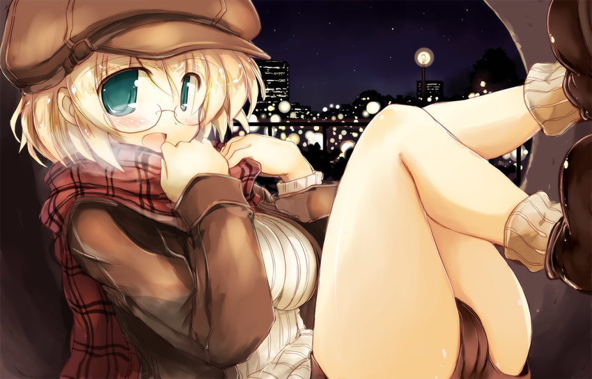 :d aqua_eyes blonde_hair blush breasts breath brown_footwear building city glasses gloves hat jacket large_breasts long_sleeves looking_at_viewer night night_sky open_mouth original pince-nez plaid plaid_scarf ribbed_legwear ribbed_sweater rimless_eyewear sakaki_(noi-gren) scarf shoes short_hair shorts sky smile socks solo star_(sky) sweater