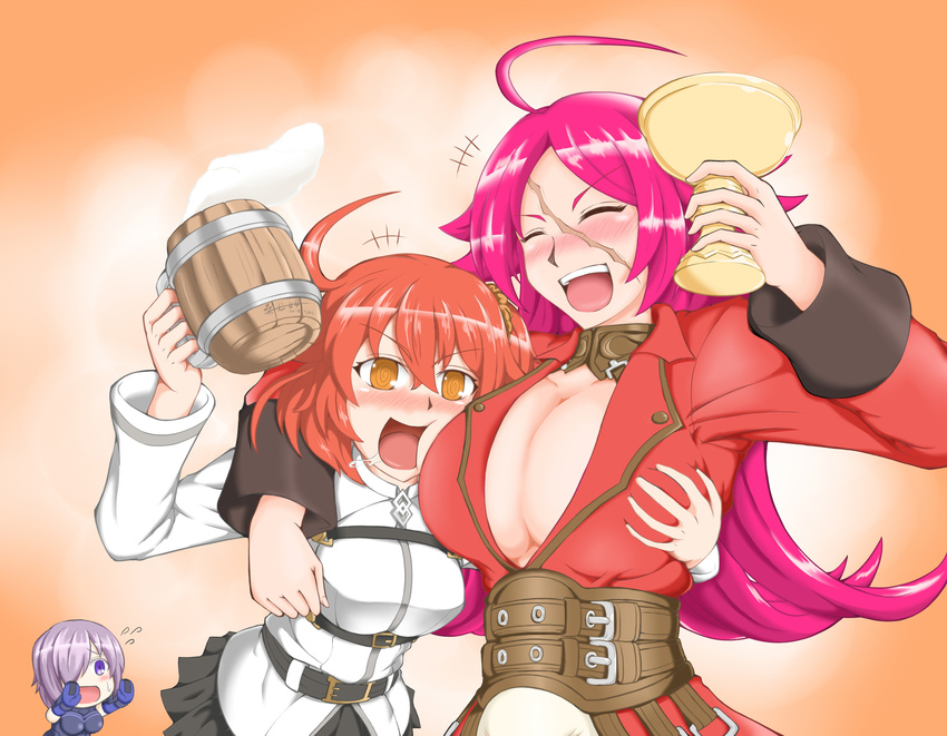 @_@ absurdres ahoge beer_mug breast_grab breast_press breasts chaldea_uniform chibi cleavage corset cup drooling drunk fate/extra fate/grand_order fate_(series) francis_drake_(fate) fujimaru_ritsuka_(female) grabbing grail highres holding holding_cup huge_breasts mash_kyrielight medium_breasts multiple_girls sang_youmu scar