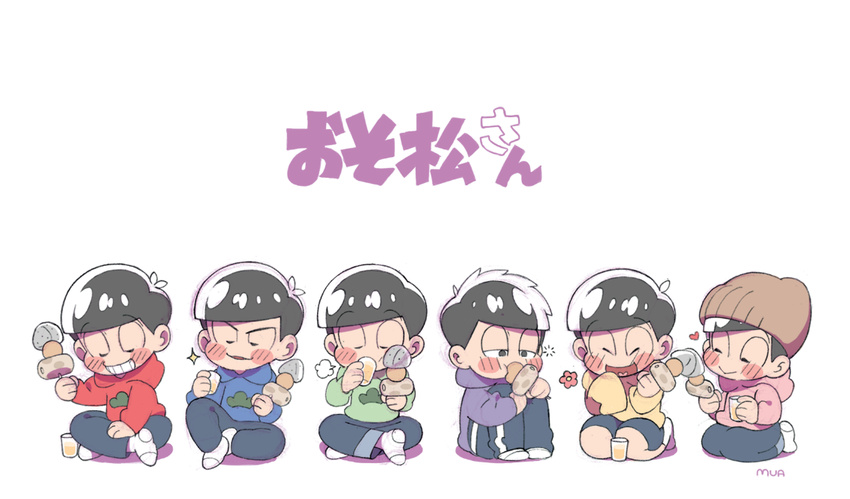 artist_name bad_id bad_pixiv_id beanie black_hair blush brothers chibi copyright_name drinking drunk eating food hat hood hoodie indian_style knees_to_chest male_focus matsuno_choromatsu matsuno_ichimatsu matsuno_juushimatsu matsuno_karamatsu matsuno_osomatsu matsuno_todomatsu messy_hair mua_(sleeping_earth) multiple_boys oden osomatsu-kun osomatsu-san seiza sextuplets siblings simple_background sitting white_background