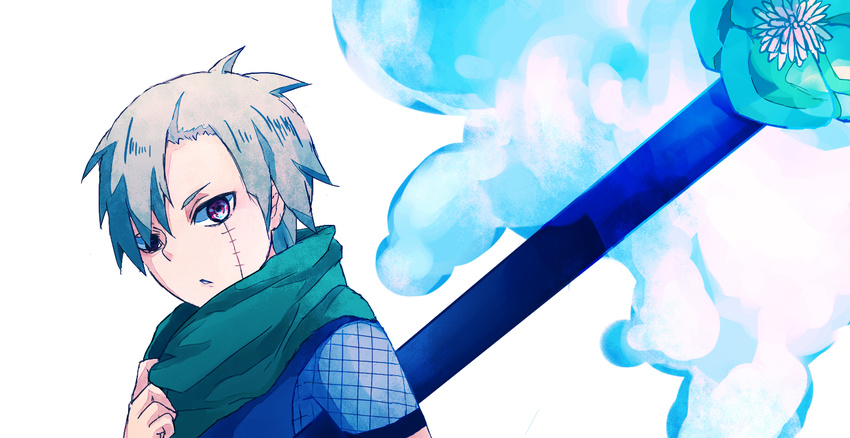 flower grey_hair karatachi_yagura male_focus muginotya naruto naruto_(series) naruto_shippuuden purple_eyes scarf simple_background solo staff stitches white_background