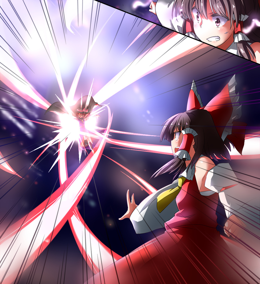 bow detached_sleeves hair_bow hair_tubes hakurei_reimu highres multiple_girls noel_(noel-gunso) open_mouth touhou urban_legend_in_limbo usami_sumireko