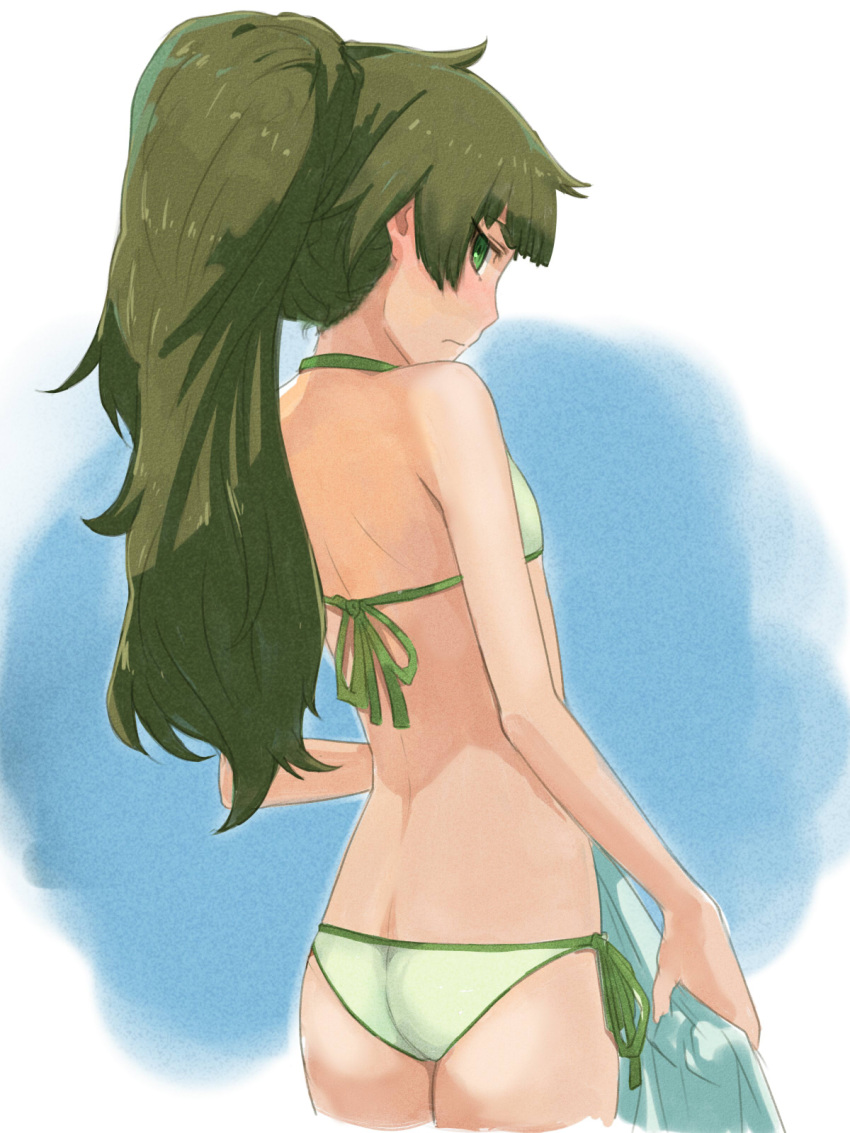 ass back bangs bikini blunt_bangs closed_mouth cropped_legs faux_traditional_media flat_chest from_behind frown green_bikini green_eyes green_hair halterneck highres hiyajou_maho holding_hoodie hood hoodie long_hair looking_at_viewer menomorute ponytail ringed_eyes side-tie_bikini sidelocks simple_background steins;gate steins;gate_0 swimsuit tied_hair tsurime white_hoodie