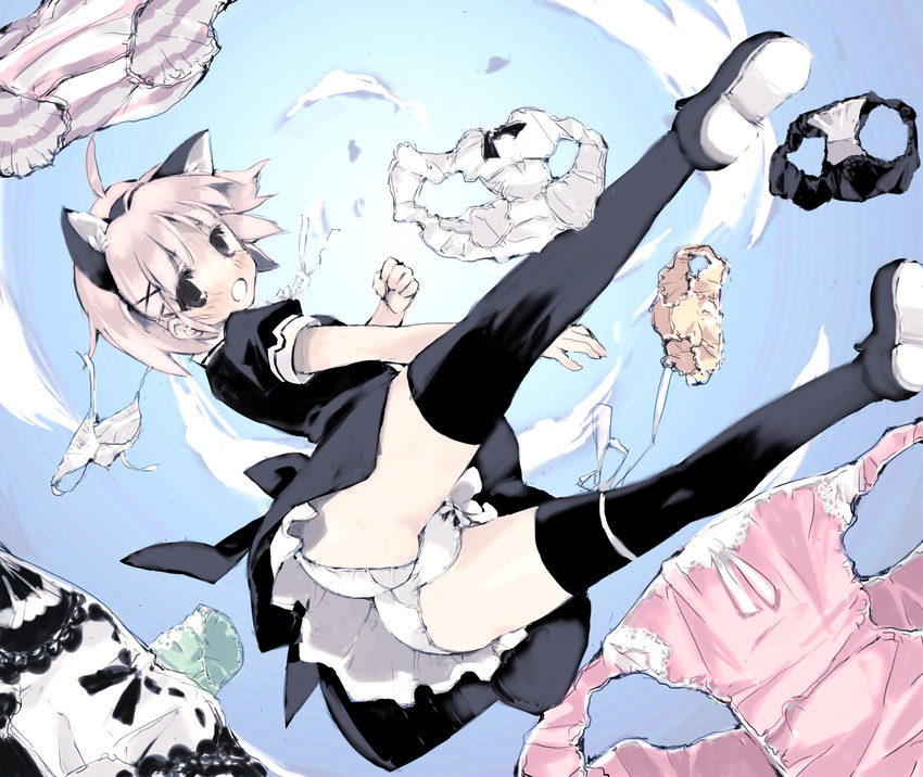 animal_ears ass black_panties blush brown_eyes brown_hair cat_ears cloud day dress fake_animal_ears falling from_behind from_below highres looking_back looking_down maid multiple_panties naru_(ukagaka) panties pink_panties shoes short_hair side-tie_panties sky solo striped striped_panties thighhighs ukagaka underwear white_panties y_mishima_(kimuraya)