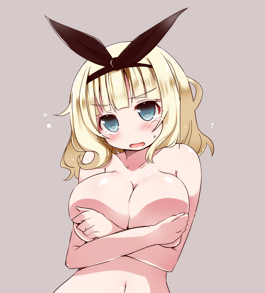 bangs black_bow blonde_hair blue_eyes blunt_bangs blush bow breast_hold breasts cleavage covering covering_breasts eyebrows eyebrows_visible_through_hair fang hairband highres large_breasts navel open_mouth saionji_usagi shirogane_(platinum) simple_background solo sweatdrop taimadou_gakuen_35_shiken_shoutai tears topless upper_body wide_hips