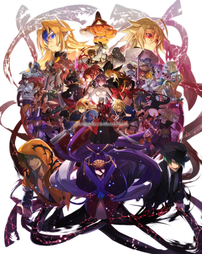 6+girls ahoge amane_nishiki amanohokosaka_homura animal_ears arakune azrael_(blazblue) black_hair blazblue blazblue:_central_fiction blonde_hair blue_eyes bow breasts brown_hair bullet_(blazblue) cape carl_clover celica_a_mercury closed_eyes dress es_(xblaze) everyone fedora formal genderswap genderswap_(mtf) glasses green_eyes green_hair gun hair_ornament hakumen hand_over_eye handgun hat hazama hibiki_kohaku highres hood hooded_jacket hyakuhachi_(over3) ignis_(blazblue) iron_tager izayoi_(blazblue) jacket jin_kisaragi jubei_(blazblue) kagura_mutsuki kokonoe konoe_a_mercury lambda-11 large_breasts litchi_faye_ling long_hair mai_natsume makoto_nanaya mask mikado_(blazblue) minerva_(blazblue) mu-12 multiple_boys multiple_girls naoto_kurogane necktie nirvana noel_vermillion nu-13 perspective pistol platinum_the_trinity ponytail purple_hair rachel_alucard ragna_the_bloodedge raquel_alucard red_eyes red_hair relius_clover scarf shishigami_bang short_hair squirrel_ears suit taokaka the_black_beast top_hat trinity_glassfield tsubaki_yayoi twintails valkenhayn_r_hellsing veins weapon white_hair witch_hat xblaze yuuki_terumi