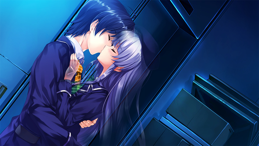 1girl akiyama_sou black_hair closed_eyes furukawa_yui hat hetero indoors kiss long_hair see-through silver_hair ushinawareta_mirai_wo_motomete