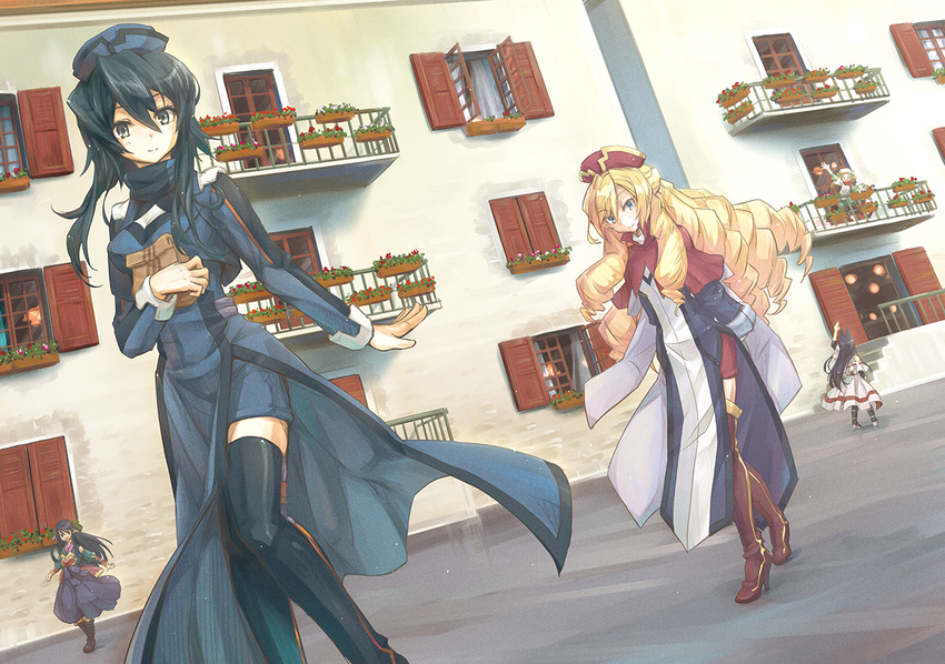 animal_ears black_footwear black_hair blonde_hair boots brown_footwear dutch_angle fox_ears hair_between_eyes hat kanran kushi_yatama log_horizon long_hair mikakage_(log_horizon) multiple_girls nazuna_(log_horizon) rieze_(log_horizon) round_table_concil_uniform smile takayama_misa thigh_boots thighhighs uniform zettai_ryouiki