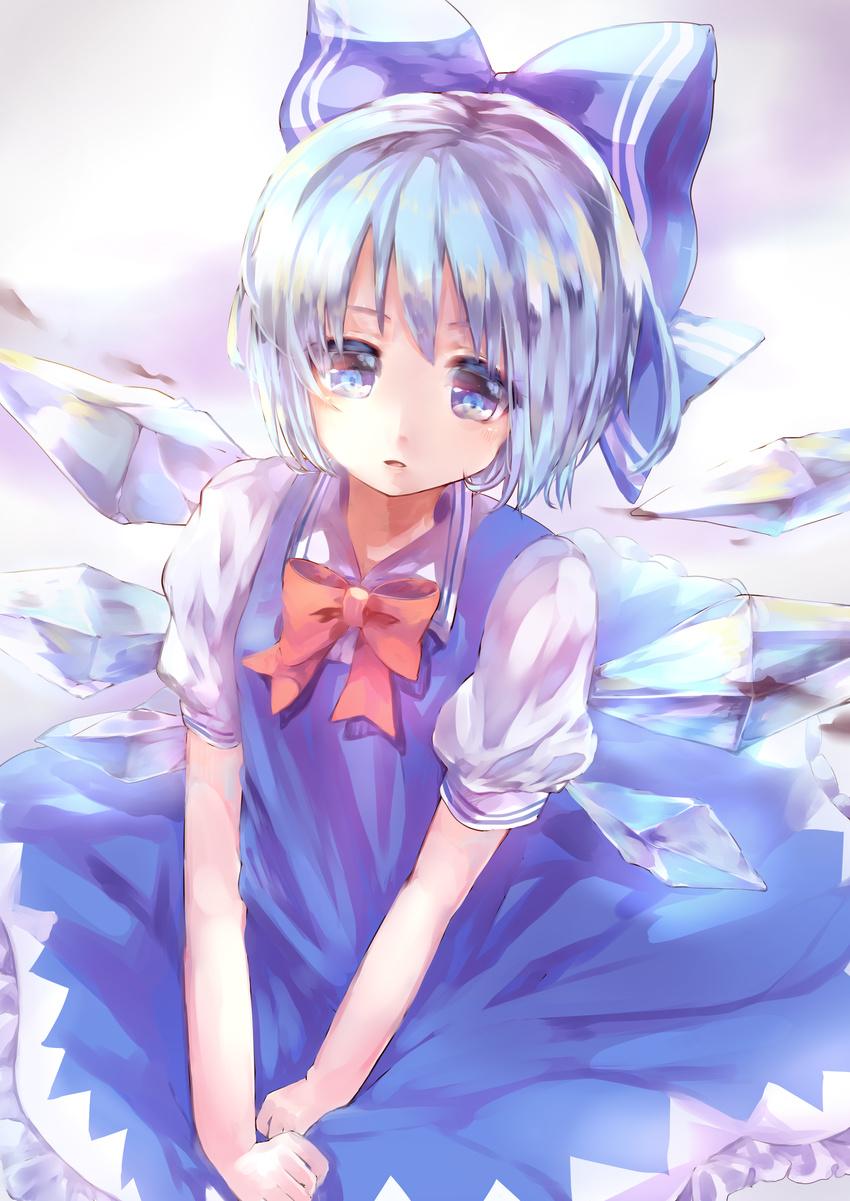 absurdres blue_dress blue_eyes blue_hair bow cirno dress hair_bow highres hoshino_yura ice ice_wings looking_at_viewer open_mouth puffy_short_sleeves puffy_sleeves shirt short_hair short_sleeves solo touhou v_arms wings