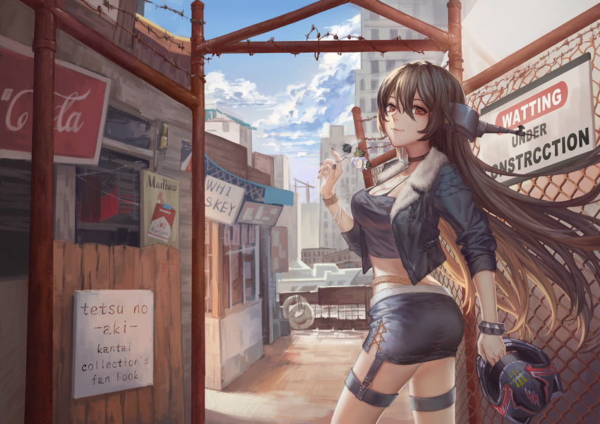 barbed_wire black_hair blue_sky bomber_jacket bra_strap breasts brown_eyes building casual chain-link_fence cleavage cloud coca-cola contemporary cowboy_shot crop_top cropped_jacket day energy_drink engrish fence gloves headgear headwear_removed helmet helmet_removed hibiki_(kantai_collection) highres jacket kantai_collection keychain long_hair looking_at_viewer looking_to_the_side maomaozi marlboro medium_breasts microskirt midriff monster_energy nagato_(kantai_collection) nail_polish outdoors parted_lips ranguage sign skirt sky solo standing strap_gap twisted_torso verniy_(kantai_collection)