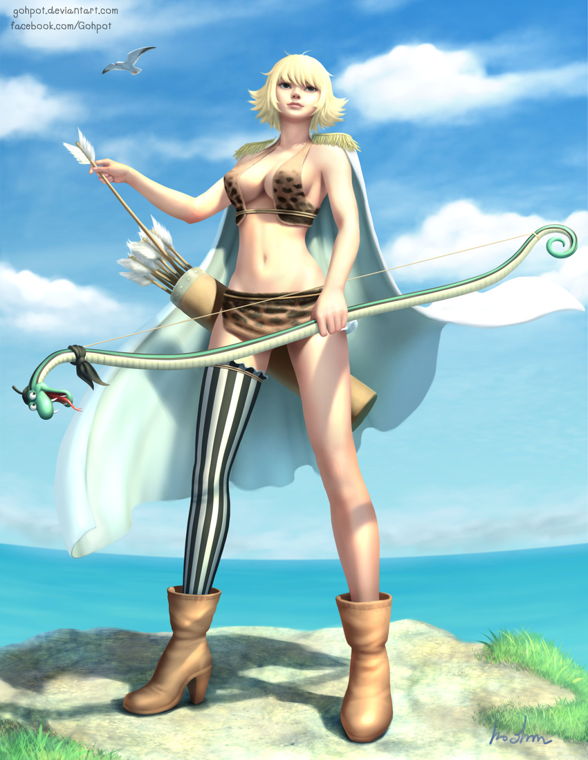 amazon animal_print arrow asymmetrical_legwear bad_id bad_pixiv_id bikini blonde_hair blue_sky boots bow_(weapon) breasts brown_eyes brown_footwear cleavage cloud day full_body gohpot grass high_heel_boots high_heels highres horizon large_breasts leopard_print marguerite ocean one_piece outdoors realistic shadow signature skirt sky solo striped striped_legwear swimsuit thighhighs weapon