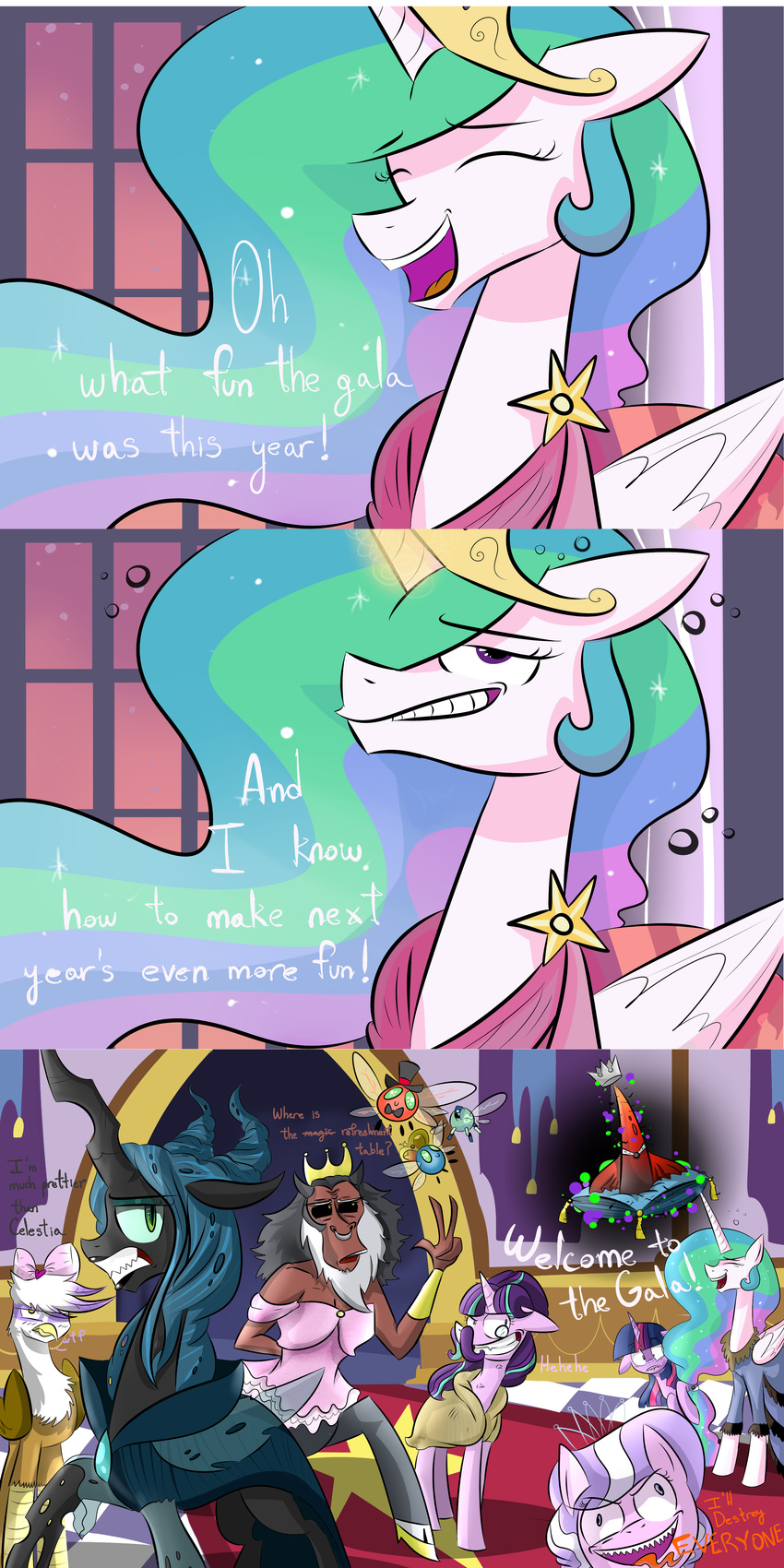 2015 amarcato avian centaur changeling comic diamond_tiara_(mlp) drunk english_text equine female friendship_is_magic gilda_(mlp) group gryphon horn horse human lipstick mammal my_little_pony parasprite_(mlp) pony princess_celestia_(mlp) queen_chrysalis_(mlp) starlight_glimmer_(mlp) taur text tirek_(mlp) twilight_sparkle_(mlp)