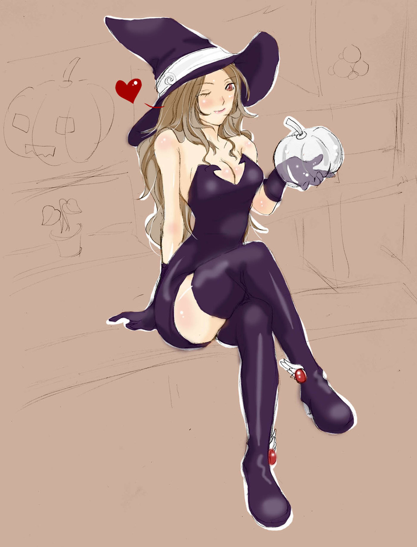 arched_back ares_(u81521824) arm_support arms bare_shoulders boots breasts brown_hair cleavage counter crossed_legs deneb_rove dress elbow_gloves glass_pumpkin gloves graphite_(medium) hat heart highres holding_pumpkin jack-o'-lantern long_hair looking_at_viewer medium_breasts messy_hair microdress mixed_media one_eye_closed plant potted_plant pumpkin purple_dress purple_footwear purple_gloves purple_hat red_eyes shelf sitting sketch smile solo spoken_heart strapless strapless_dress tactics_ogre thigh_boots thighhighs thighs traditional_media unfinished very_long_hair winged_boots wings witch witch_hat zettai_ryouiki