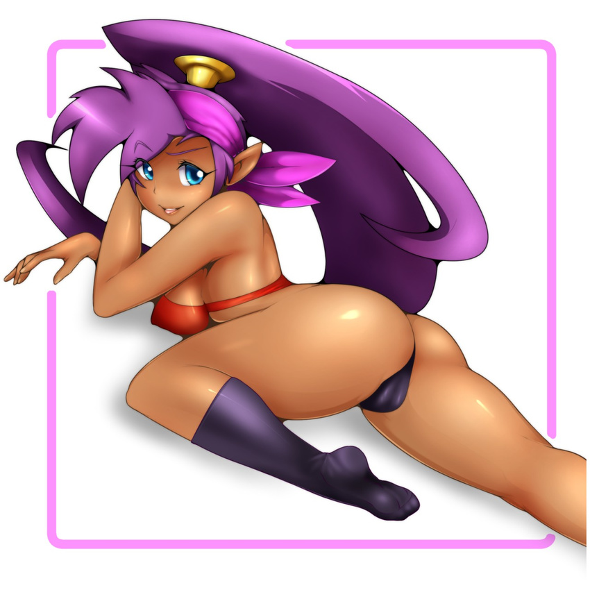 blue_eyes clothing dark_skin female gem genie hair hair_ornament humanoid jewelry legwear long_hair madartraven not_furry pointy_ears ponytail purple_hair shantae shantae_(series) simple_background smile solo video_games wayforward