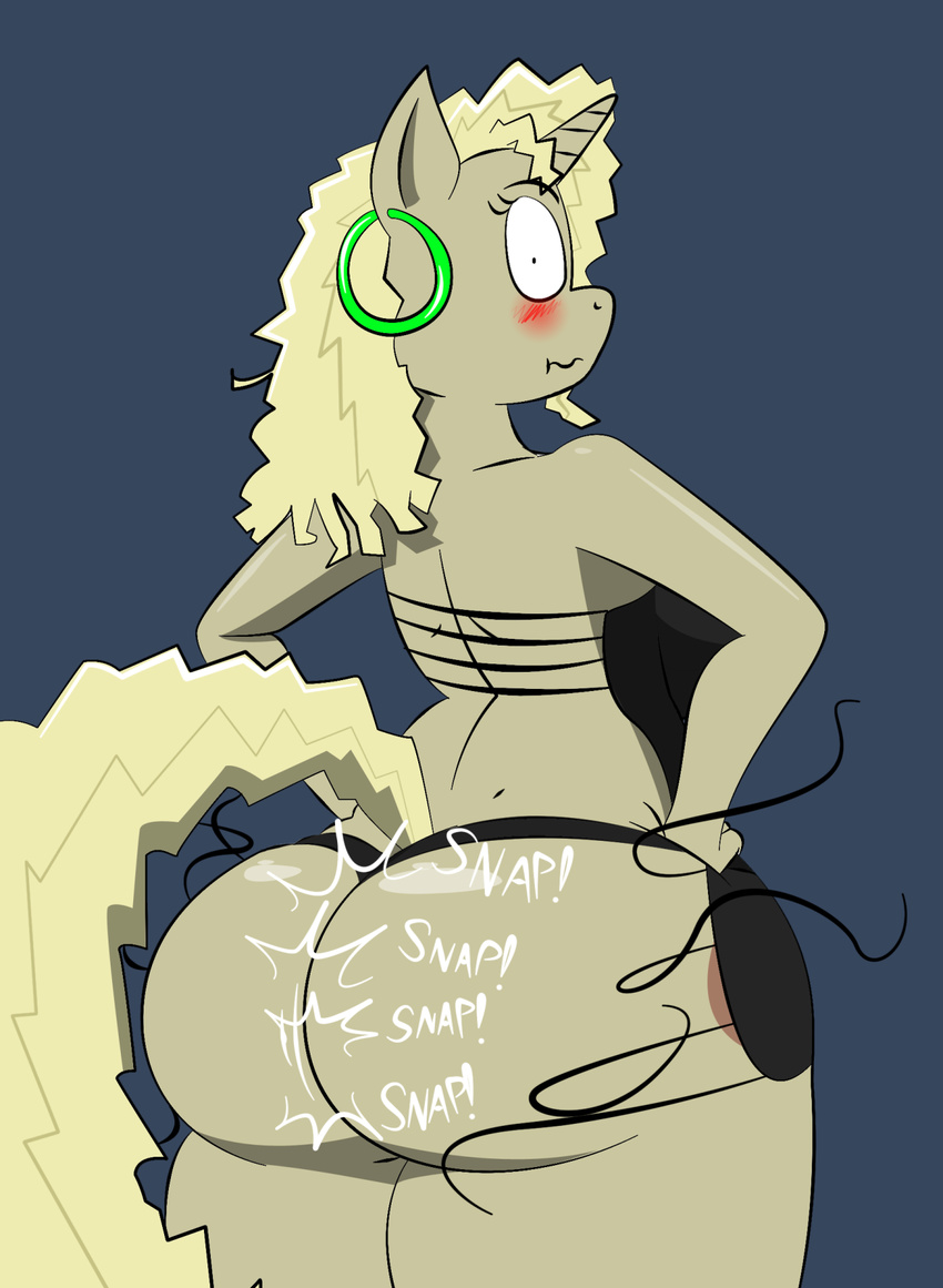 2015 americananomaly_(artist) animal_genitalia anthro backless_dress big_butt blonde_hair blush breasts butt chubby clothed clothing cutie_mark english_text equine female fur hair half-dressed horn horse huge_butt looking_at_viewer mammal my_little_pony pony sauer_kraut_(character) simple_background smile solo text unicorn wardrobe_malfunction