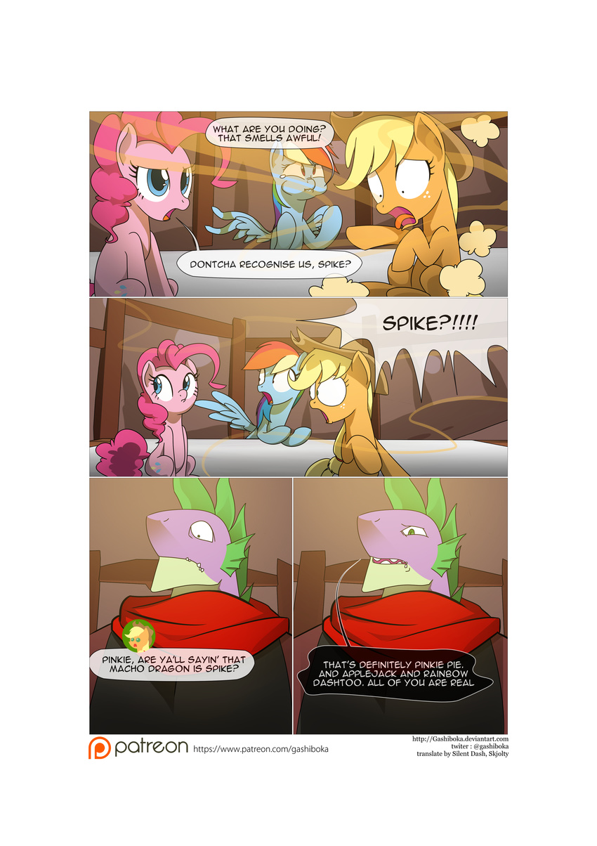 2015 age_difference anthro applejack_(mlp) bandanna clothing comic cowboy_hat dragon earth_pony emotional equine feathers female feral friendship_is_magic gas gashiboka hair hat horse macho male mammal mane multicolored_hair my_little_pony pegasus pinkie_pie_(mlp) pony rainbow_dash_(mlp) reptile scalie shocked spike_(mlp) surprise wings