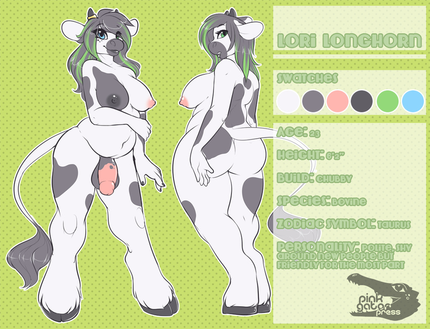 abstract_background anthro balls big_breasts black_hair blue_eyes bovine breasts butt chubby dickgirl english_text flaccid freckles green_eyes hair heterochromia hooves horn intersex mammal model_sheet nipples nude penis pose seamen smile solo text wide_hips