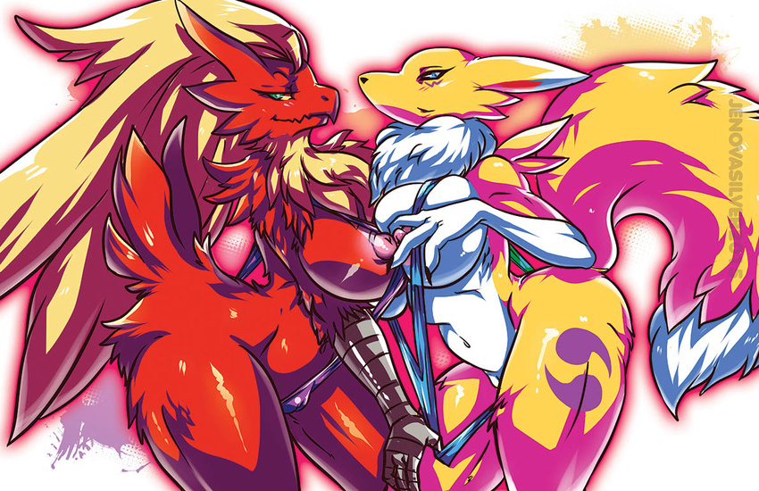 avian big_breasts bird blaziken blue_eyes blush breasts canine chest_tuft clothing digimon duo eyelashes feathers female female/female fluffy_tail fox fur green_eyes jenovasilver looking_at_viewer mammal navel nintendo nipples pok&eacute;mon pussy red_feathers renamon seductive smile swimsuit tuft video_games white_fur wide_hips yellow_fur yellow_sclera