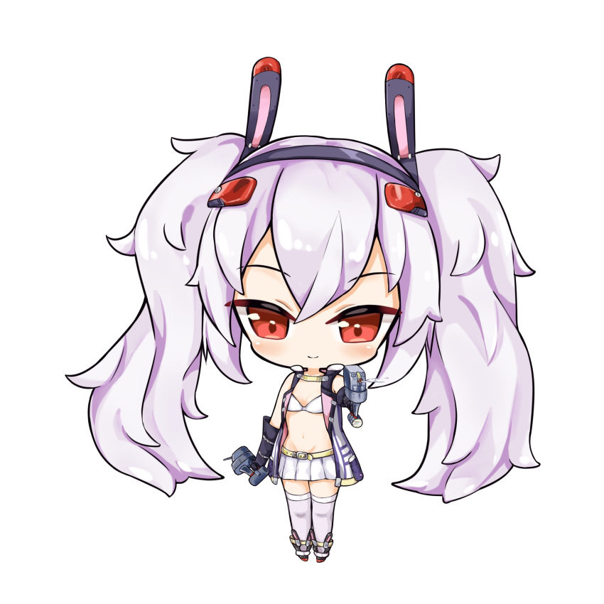 1girl animal_ears azur_lane bangs bare_shoulders belt belt_buckle big_head bikini_top black_footwear black_gloves black_hairband blush buckle bunny_ears cannon chibi closed_mouth elbow_gloves eyebrows_visible_through_hair gloves hair_between_eyes hair_ornament hairband highres holding jacket laffey_(azur_lane) limitlimlim looking_at_viewer open_clothes open_jacket pleated_skirt red_eyes remodel_(azur_lane) sidelocks silver_hair simple_background skirt sleeveless_jacket smile solo standing thighhighs turret twintails white_background white_bikini_top white_jacket white_legwear white_skirt yellow_belt