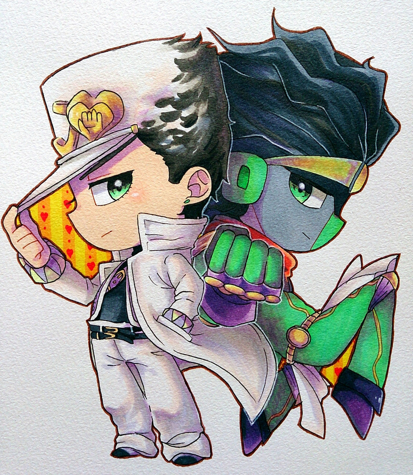 back-to-back black_hair chibi foreshortening green_eyes hand_in_pocket hat hat_tip highres jojo_no_kimyou_na_bouken kameron kuujou_joutarou long_coat male_focus stand_(jojo) star_platinum traditional_media