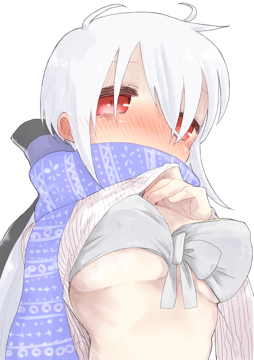ahoge bikini_top blush breasts cleavage clothes_lift commentary_request covered_mouth highres long_hair looking_at_viewer medium_breasts ponytail red_eyes ribbon scarf silver_hair solo sweater sweater_lift swimsuit very_long_hair vocaloid voyakiloid we53_(wagnar) yowane_haku