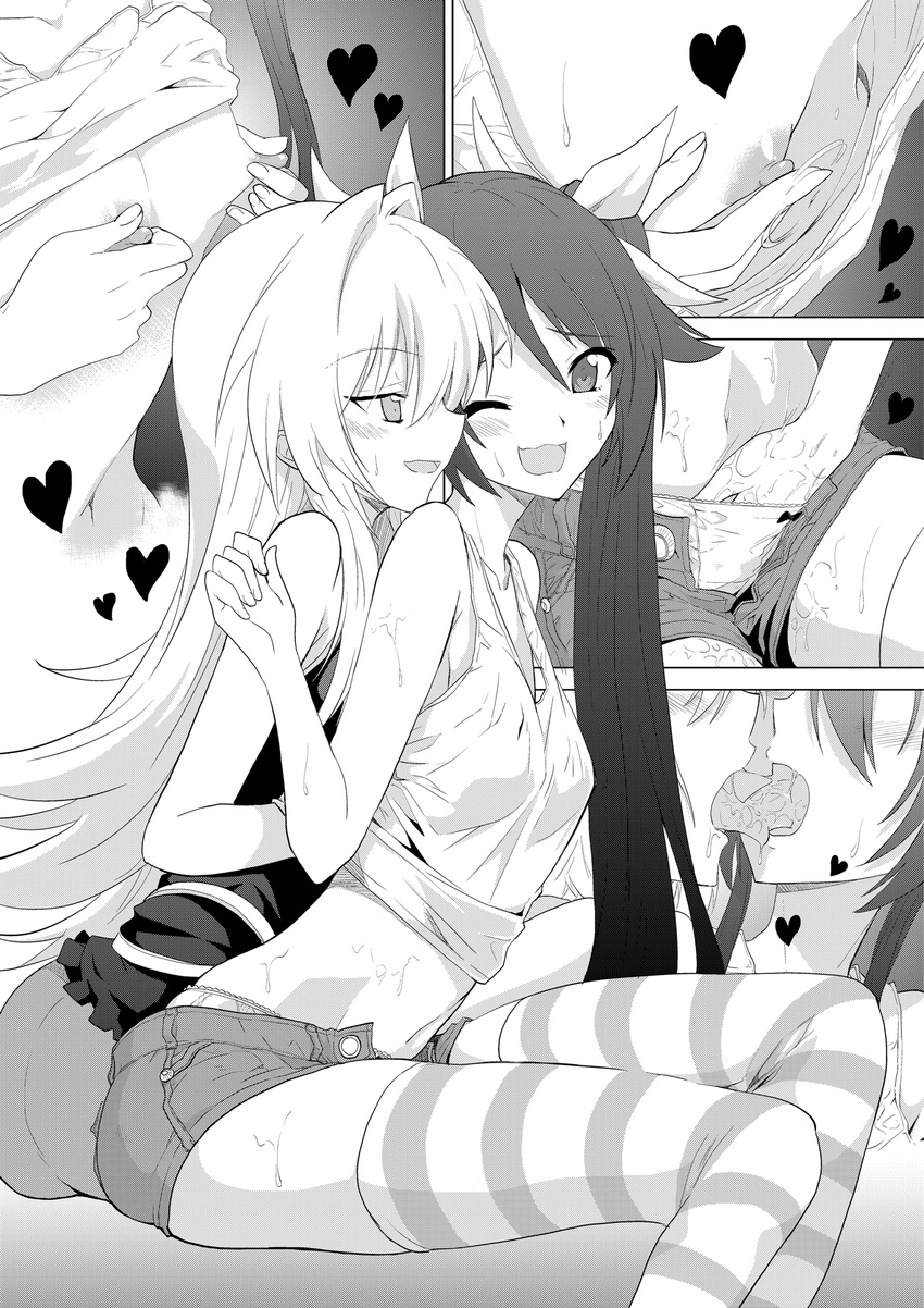 fingering french_kiss greyscale hand_under_clothes heart highres kiss looking_at_another looking_back midriff monochrome multiple_girls navel nipple_tweak nipples one_eye_closed open_mouth ore_twintail_ni_narimasu pussy_juice saliva smile striped striped_legwear sweat thighhighs tsube_aika twoearle wet yuri yuto_(dialique)