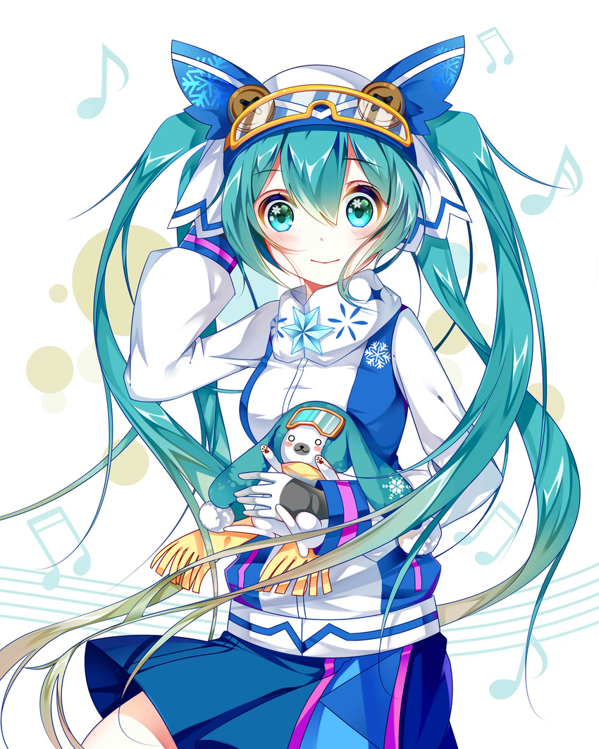 absurdres aqua_eyes aqua_hair bad_id bad_pixiv_id beamed_sixteenth_notes blush bunny eighth_note goggles goggles_on_head hat hate_ani_hikae hatsune_miku highres long_hair looking_at_viewer musical_note sixteenth_note skirt smile twintails very_long_hair vocaloid yuki_miku yukine_(vocaloid)
