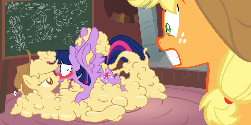 2014 anal applejack_(mlp) applesauce badumsquish blush chalkboard cutie_mark equine female female/female friendship_is_magic goo horn kissing mammal my_little_pony sex slime slime_monster twilight_sparkle_(mlp) vaginal winged_unicorn wings