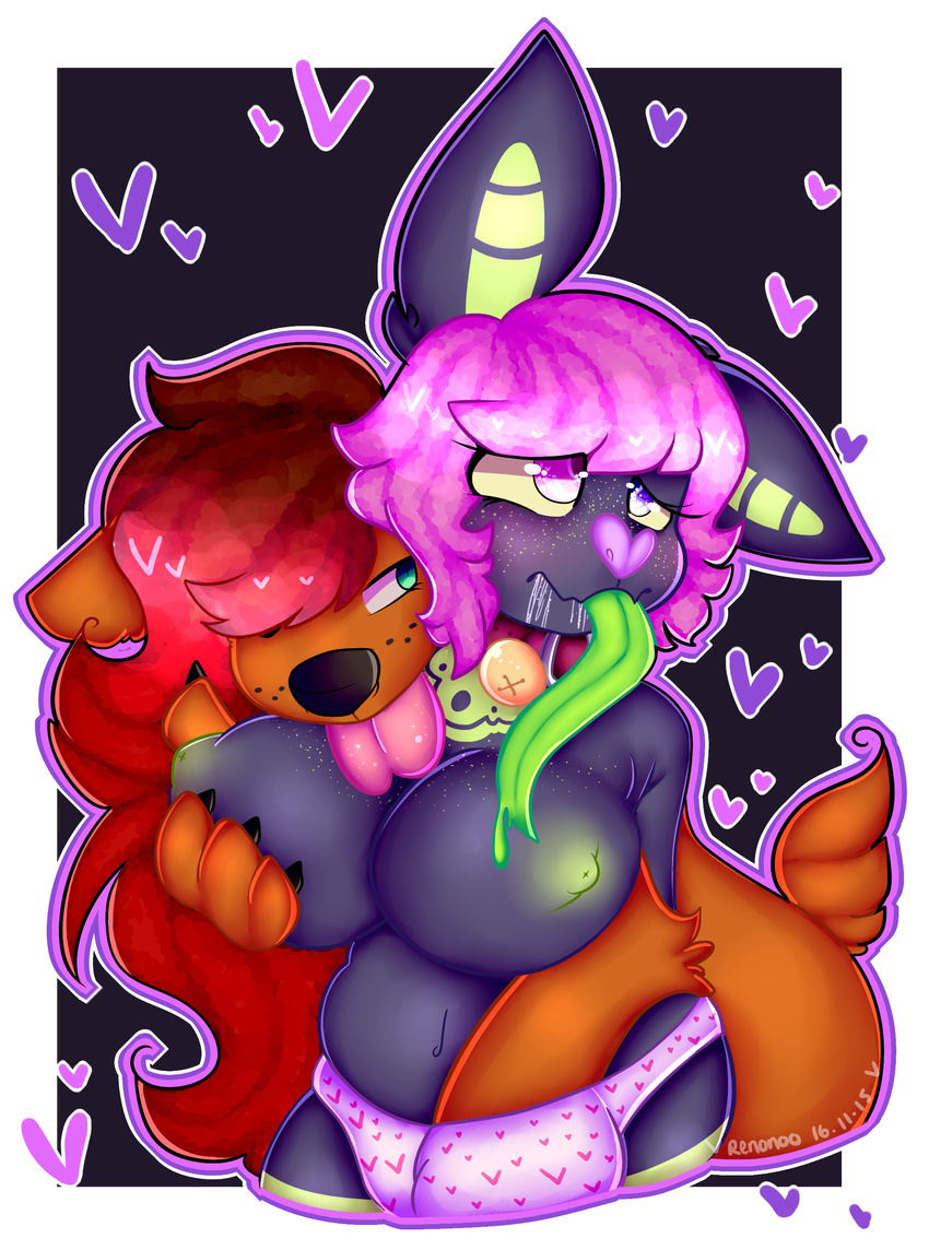 &lt;3 anthro bat bell_collar big_breasts breasts brown_fur brown_hair canine claws collar female fork_tongue fur green_eyes green_nipples green_tongue hair hand_in_pants long_tongue mammal nipples pink_eyes pink_hair purple_eyes purple_fur razzlespup red_hair tongue