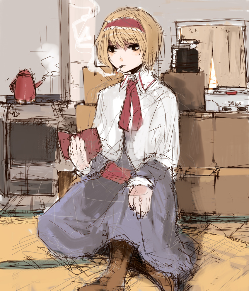 alice_margatroid bad_id bad_pixiv_id book cigarette highres reading sitting sketch smoking solo teapot touhou un-known_(ninesix)