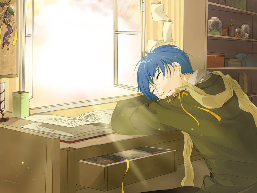 blue_hair casual closed_eyes desk hood hoodie kaito male_focus sabu_(sa-bu) sleeping solo vocaloid wallpaper