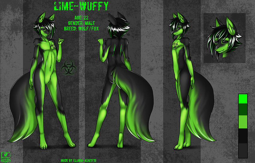 2015 back biohazard black_eyes black_fur black_hair black_sclera canine eliana-asato fox front_view fur girly glowing green_fur green_hair hair invalid_tag lime-wuffy lime_fur male mammal model_sheet nude scar short_hair solo standing wolf