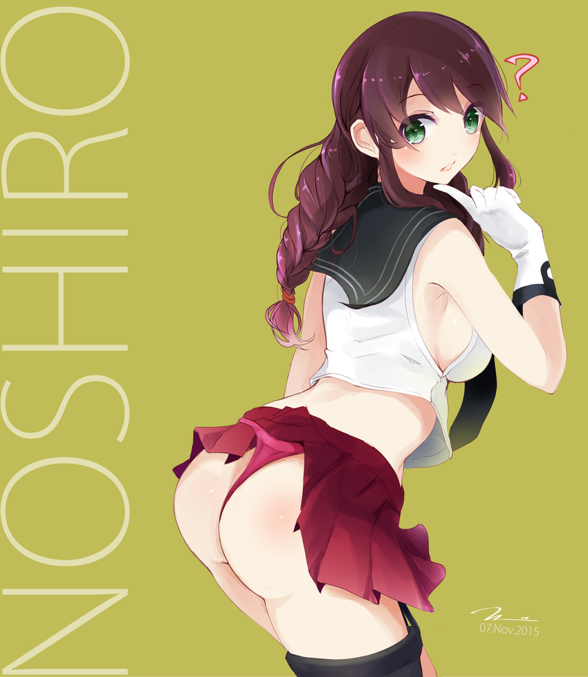 :/ ? ass boots braid character_name crop_top crop_top_overhang dated finger_to_chin gloves green_background green_eyes hair_ribbon highres kantai_collection long_hair looking_at_viewer looking_back midriff noshiro_(kantai_collection) panties pleated_skirt red_hair red_panties red_ribbon red_skirt ribbon sailor_collar shirt side_ponytail sidelocks simple_background single_braid skirt solo tebi_(tbd11) thigh_boots thighhighs thong underwear white_shirt