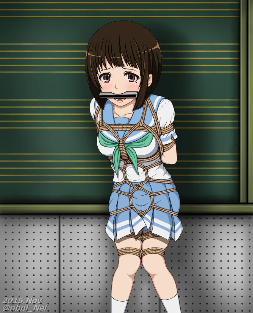 arms_behind_back bad_id bad_pixiv_id bdsm bit_gag blush bondage bound brown_hair chalkboard classroom gag gagged green_neckwear hibike!_euphonium highres mole mole_under_eye nakaseko_kaori nbnl_nei neckerchief purple_eyes rope school_uniform serafuku shibari shibari_over_clothes short_hair solo