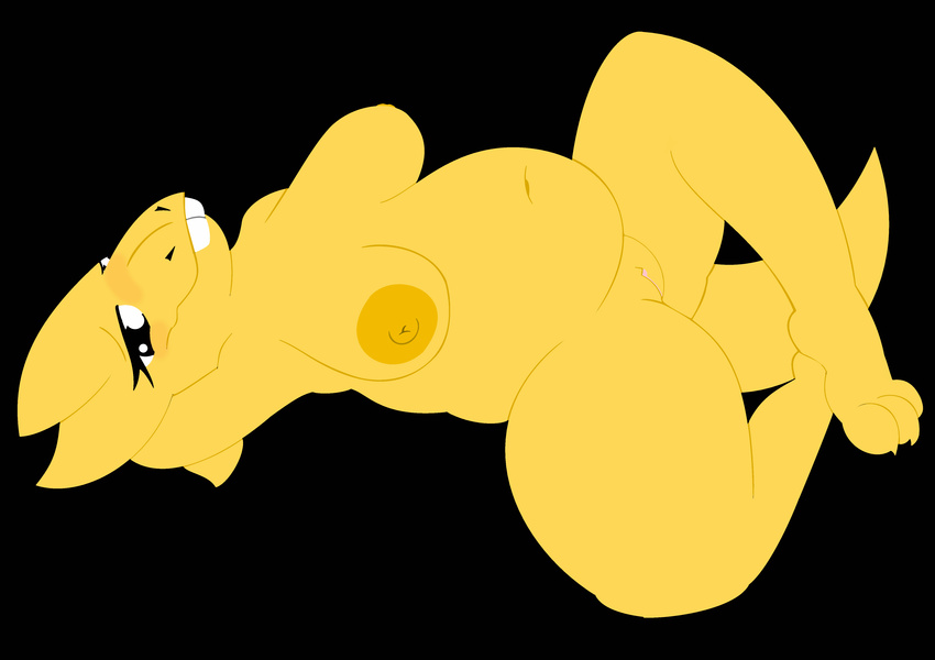 absurd_res alphys anthro big_breasts blush breasts chubby female hi_res lying nipples on_back phylloaurea pose pussy scalie solo spread_legs spreading undertale video_games