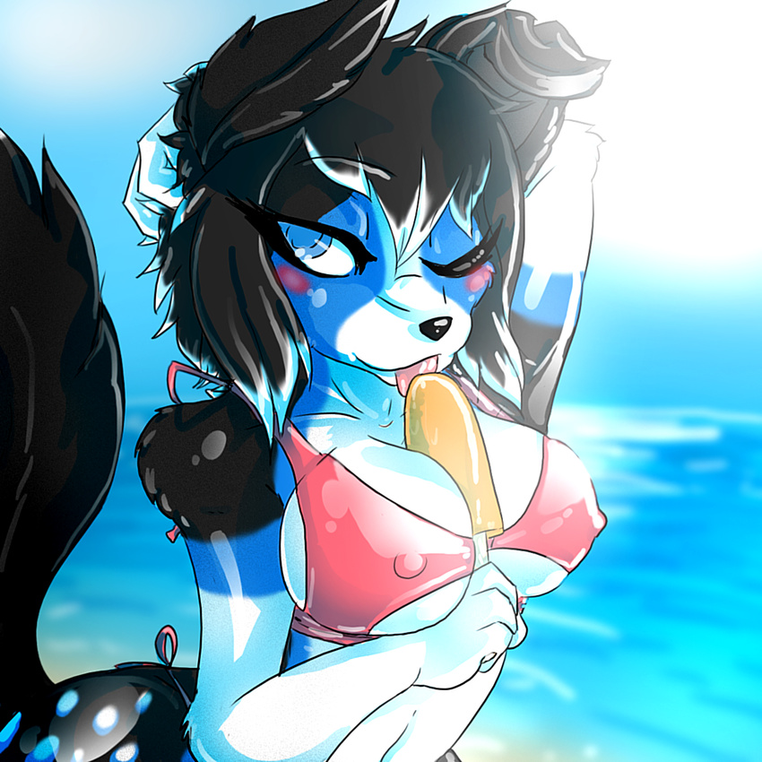 anthro beach bikini black_hair border_collie breasts canine clothing collie dog erect_nipples female hair looking_at_viewer lovespell mammal navel nipples one_eye_closed outside seaside smile solo standing swimsuit tongue tongue_out