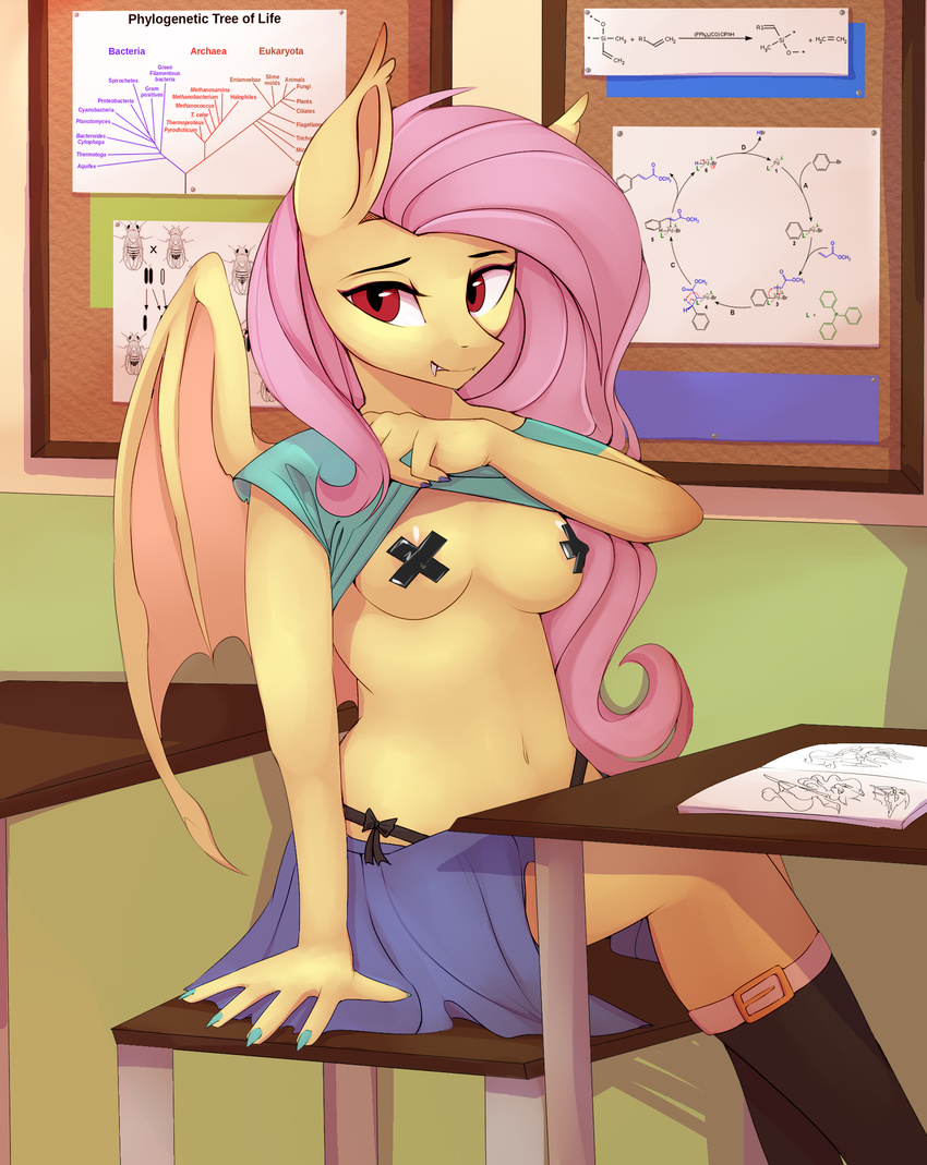 2015 bedroom_eyes breasts clothing daxhie female flutterbat_(mlp) fluttershy_(mlp) friendship_is_magic hair half-closed_eyes my_little_pony school seductive smile