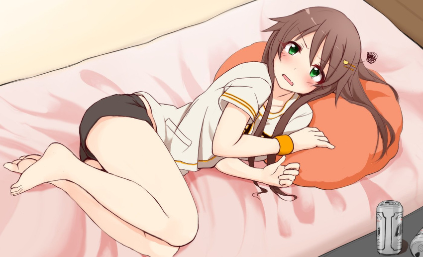 bare_legs barefoot bed beer_can blush brown_hair can commentary_request green_eyes hair_ornament hairclip himekawa_yuki idolmaster idolmaster_cinderella_girls kotaro long_hair looking_at_viewer lying on_side open_mouth pillow solo squiggle wristband