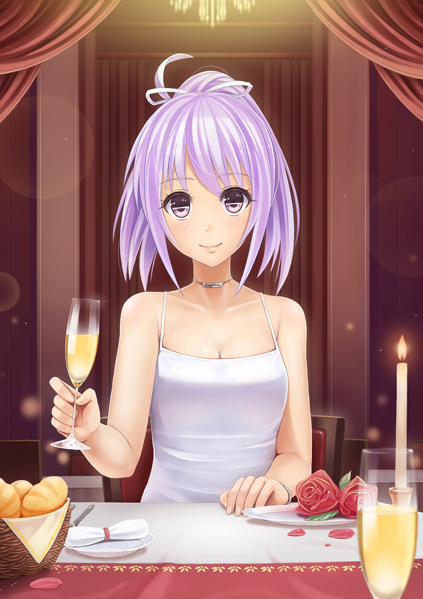 alcohol basket blush bracelet bread breasts candle candlelight chair champagne champagne_flute chandelier cleavage collarbone cup curtains door dress drink drinking_glass flower food glass hair_ribbon highres indoors jewelry knife lips looking_at_viewer medium_breasts mimi_(mnemosyne) mnemosyne napkin neck_ring petals pink_hair plate pov_across_table pov_dating purple_eyes red_flower red_rose ribbon rose short_hair sitting sleeveless sleeveless_dress smile solo spaghetti_strap sunimu table upper_body wax white_dress white_ribbon