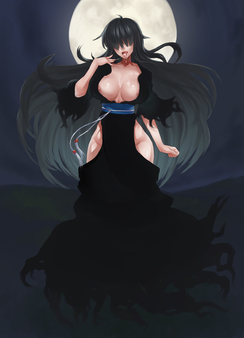 absurdres areola_slip areolae black_dress black_hair breasts center_opening cleavage commentary cum cum_in_mouth cum_string dress full_body full_moon hair_over_eyes highres hip_vent jiffic large_breasts long_hair monster_girl moon no_panties obi open_mouth original sash solo very_long_hair