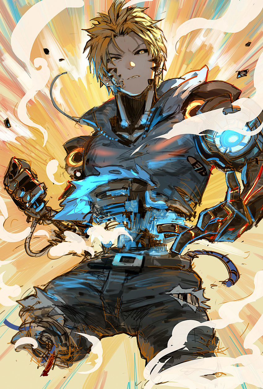 akumey angry belt black_sclera blonde_hair charging commentary_request cyborg damaged denim earrings energy genos highres injury jeans jewelry male_focus mechanical_parts one-punch_man pants parts_exposed shirt solo torn_clothes torn_jeans torn_pants torn_shirt yellow_eyes