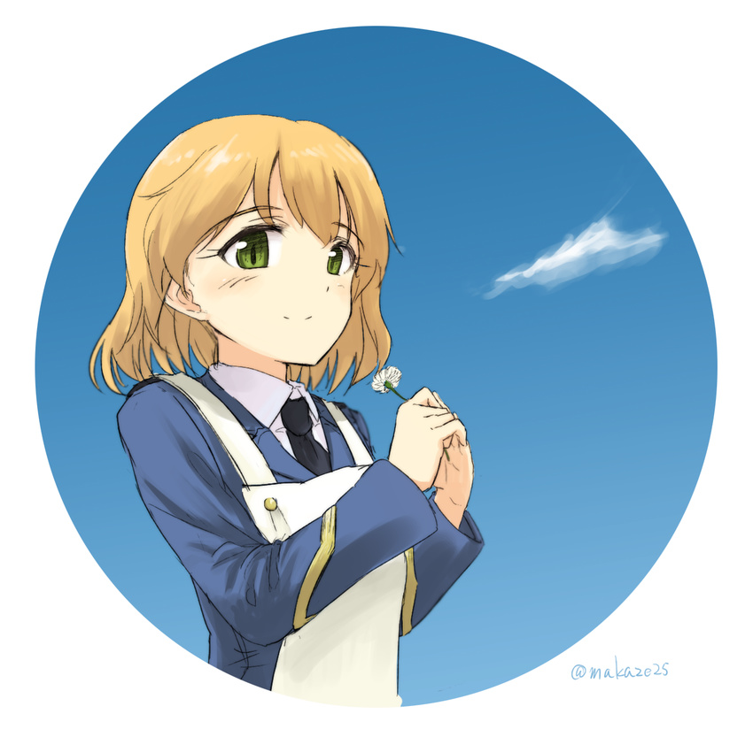 amelie_planchard apron blonde_hair blush flower green_eyes hands_together highres holding makaze_(t-junction) military military_uniform necktie short_hair sketch sky smile solo strike_witches twitter_username uniform upper_body world_witches_series