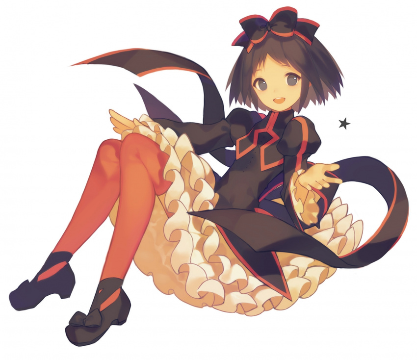 black_hair brown_legwear dress frilled_skirt frilled_sleeves frills full_body hair_ornament hair_ribbon kuromajo-san_ga_tooru!! kurotori_chiyoko long_sleeves looking_at_viewer open_mouth petticoat puffy_long_sleeves puffy_sleeves ribbon shoes short_hair sitting skirt smile solo star white_background yasiromann