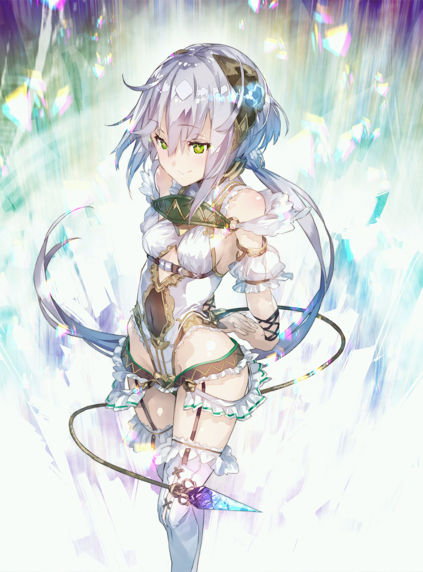 1girl ahoge arms_behind_back atelier_(series) atelier_sophie bangs bare_shoulders breasts chromatic_aberration closed_mouth covered_navel cross-laced_clothes cross-laced_legwear crystal detached_sleeves eyebrows_visible_through_hair feet_out_of_frame frilled_legwear frilled_leotard frilled_sleeves frills from_side game_cg garter_straps green_eyes groin hair_ornament halterneck highres hip_vent interlocked_fingers legs_together leotard light_smile long_hair long_ponytail looking_afar low_ponytail o-ring off_shoulder official_art parted_bangs plachta ponytail short_sleeves sideboob sidelocks silver_hair small_breasts smile solo standing straight_hair tail thighhighs turtleneck underbust very_long_hair white_legwear white_leotard wrist_straps yuugen