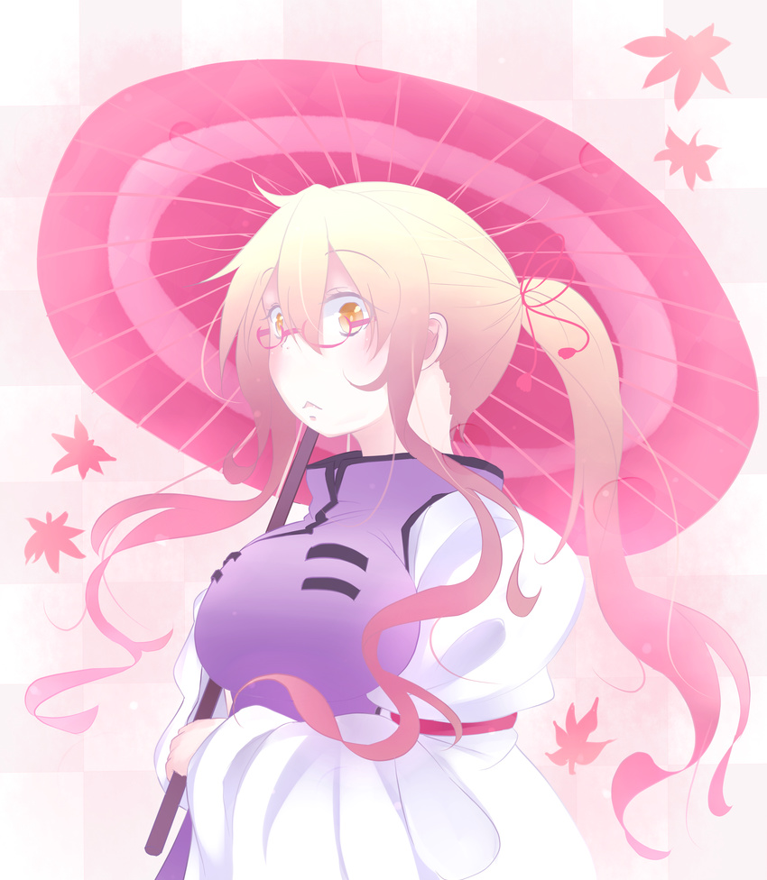 :&lt; absurdres alternate_hairstyle autumn_leaves bespectacled blonde_hair breasts checkered checkered_background dollain dress glasses hair_between_eyes hair_ribbon hair_up highres holding holding_umbrella large_breasts long_ponytail long_sleeves looking_at_viewer oriental_umbrella pink-framed_eyewear pink_background ribbon sidelocks solo tabard touhou umbrella upper_body white_dress wide_sleeves yakumo_yukari yellow_eyes