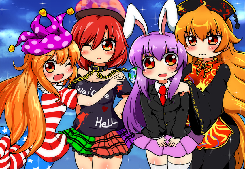 :3 american_flag_dress american_flag_legwear animal_ears animal_print arm_behind_back bad_id bad_pixiv_id bangs black_dress black_shirt blazer blonde_hair blue_sky blush breasts bunny_ears chain chinese_clothes cleavage clothes_writing cloud clownpiece collar collared_shirt cowboy_shot day dress earth_(ornament) frilled_skirt frills gold_chain hand_on_another's_shoulder hand_on_hip hat heart heart-shaped_pupils hecatia_lapislazuli jacket jester_cap junko_(touhou) leg_up long_hair long_sleeves medium_breasts motsu_(selshia12) multicolored multicolored_clothes multicolored_skirt multiple_girls necktie off-shoulder_shirt one_eye_closed open_mouth pantyhose parted_lips polos_crown purple_skirt red_hair red_neckwear reisen_udongein_inaba ribbon shirt short_hair short_sleeves sidelocks skirt sky sparkle sweatdrop symbol-shaped_pupils tabard thighhighs thighs touhou very_long_hair white_legwear white_shirt wide_sleeves zettai_ryouiki