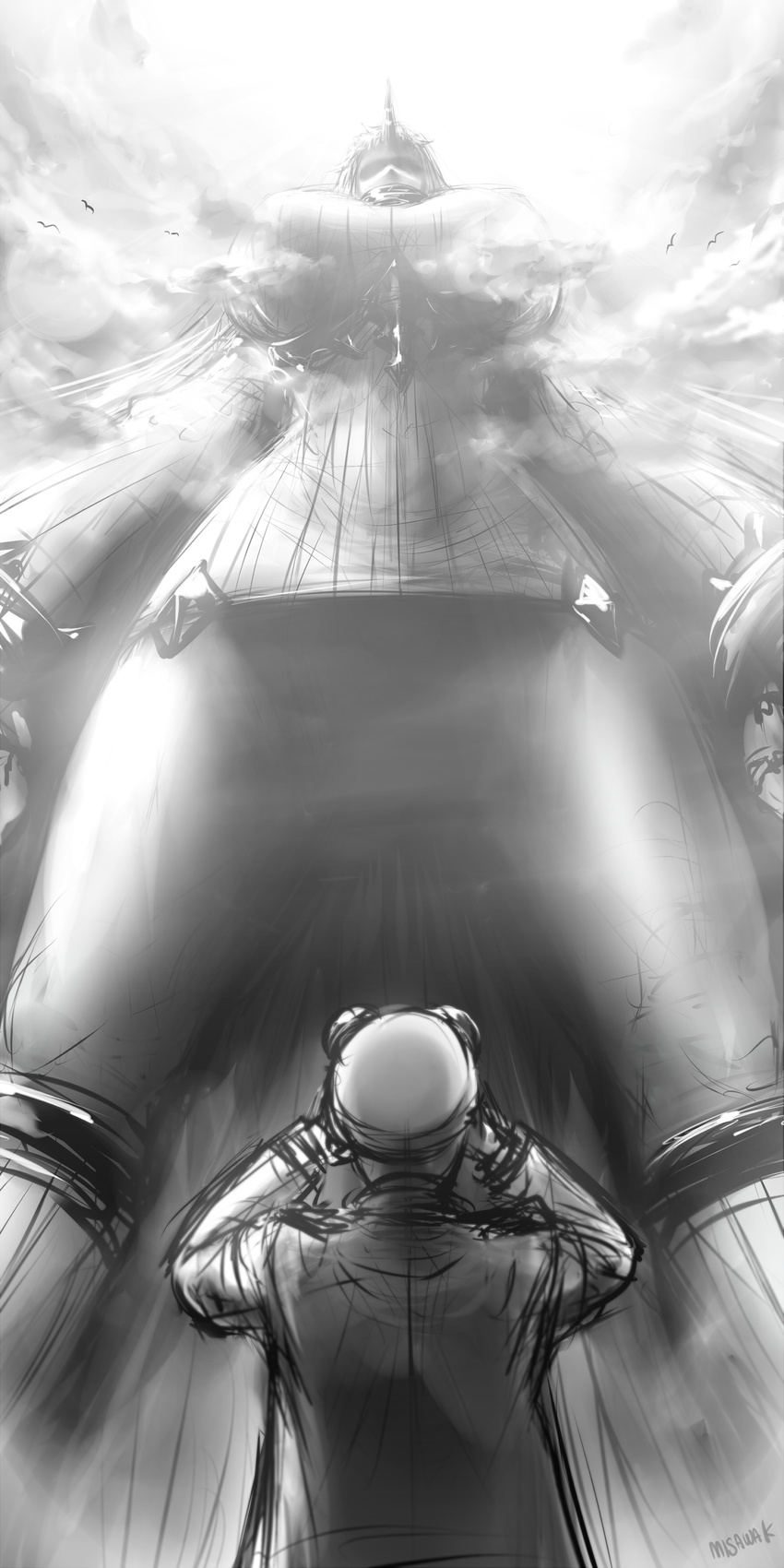 1girl absurdres admiral_(kantai_collection) bird breasts cloud cloudy_sky from_below giantess gigantic_breasts greyscale highres horn kantai_collection misawa_kei monochrome seagull seaport_hime shaded_face shinkaisei-kan sky