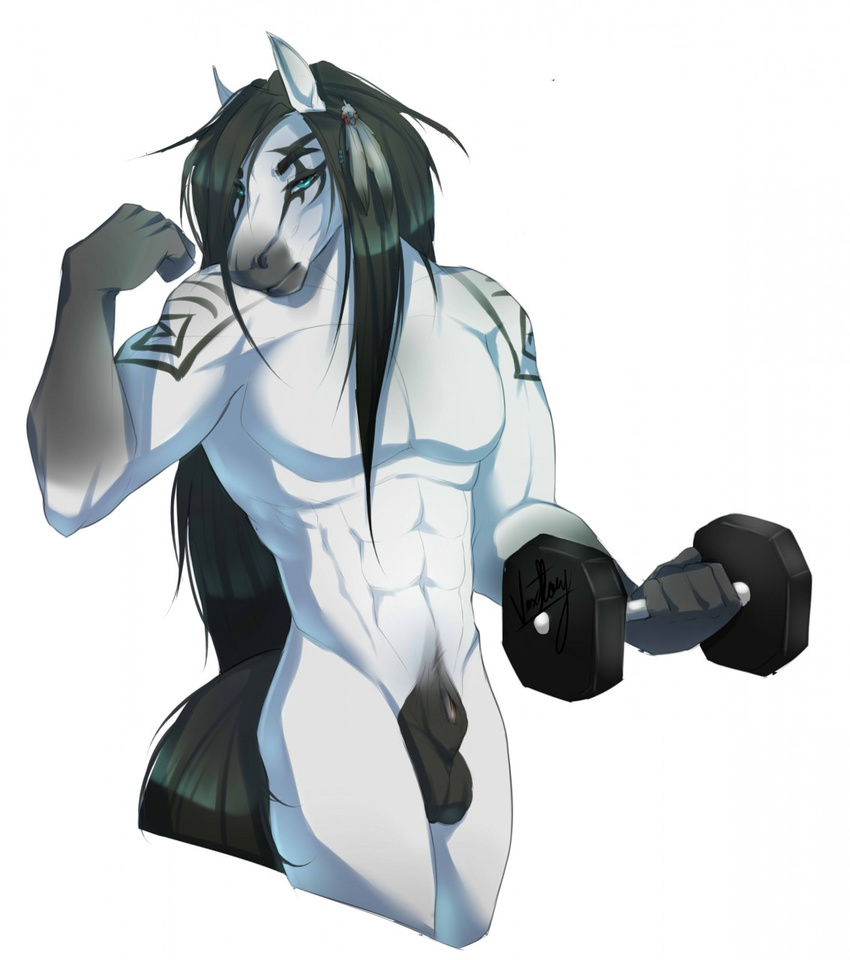 2015 abs anthro balls biceps blue_eyes equine exercise flexing fully_sheathed fur grey_hair hair half-closed_eyes horse looking_at_viewer male mammal muscular nude pecs sheath simple_background smile solo standing tattoo three-quarter_portrait vexstacy weightlifting weights white_background white_fur workout